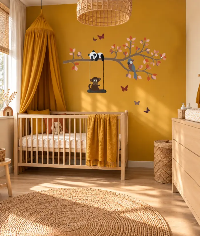 Okergele babykamer met XL sierlijke tak.webp
